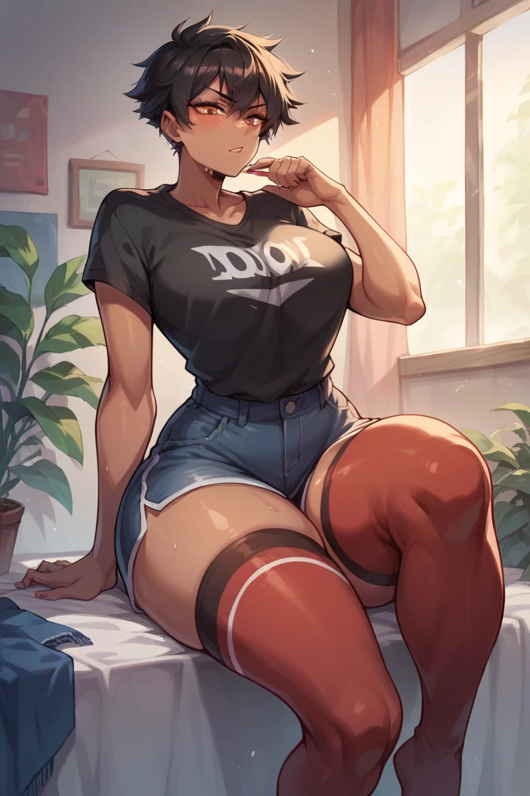 tmasterpiece, Best quality at best, high high quality, 1 boy, own, malefocus,,on bedroom,Short hair boy hairstyle,flatchest,looking at viewert,The thighs are plump,high-heels,Put on beautiful makeup,big earrings,with brown skin,posterior view ,Cowgirl posture