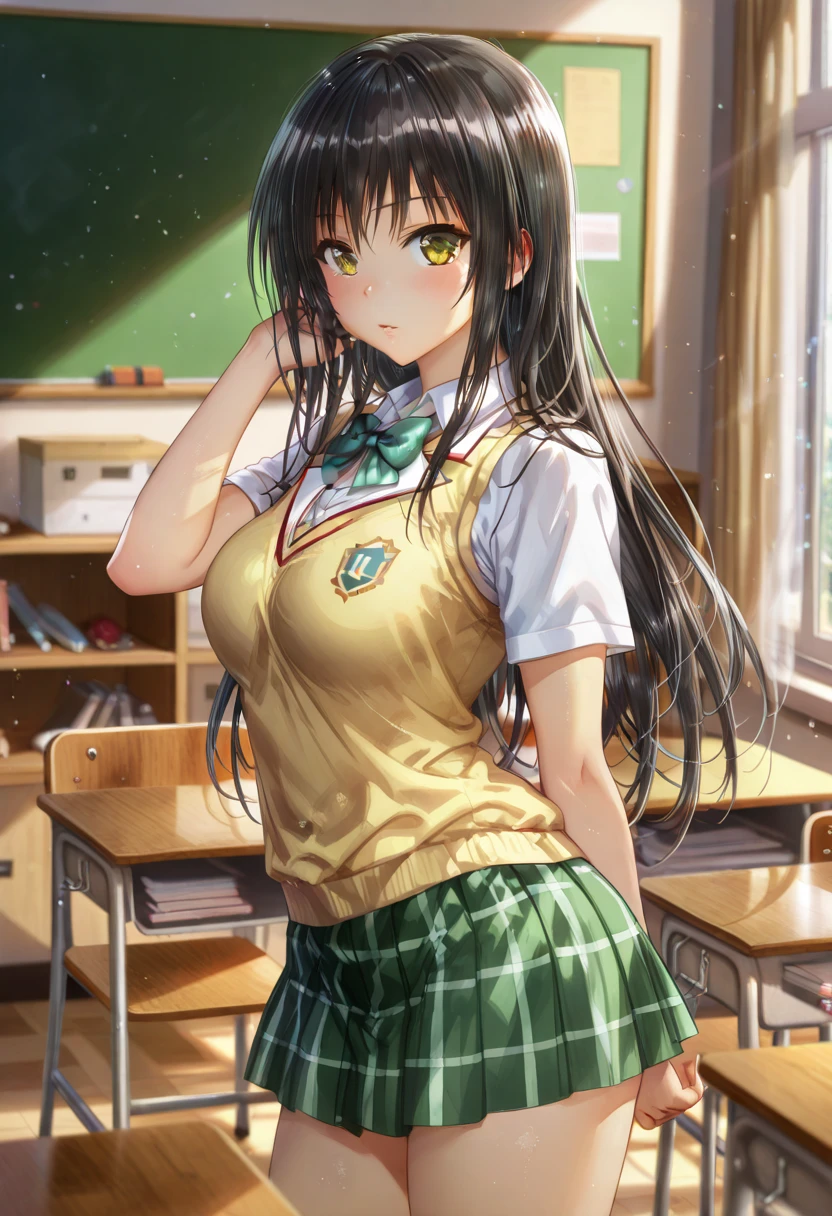 highest quality,masterpiece,8k,1girl,medium breasts,orgasm,blush, sweat,mini skirt,lift skirt,upskirt,white panties,Mizuki Yukikaze,hair ribbon, green shirt, serafuku, white neckerchief, long sleeves, pleated skirt, black skirt, black thighhighs, loafers,classroom