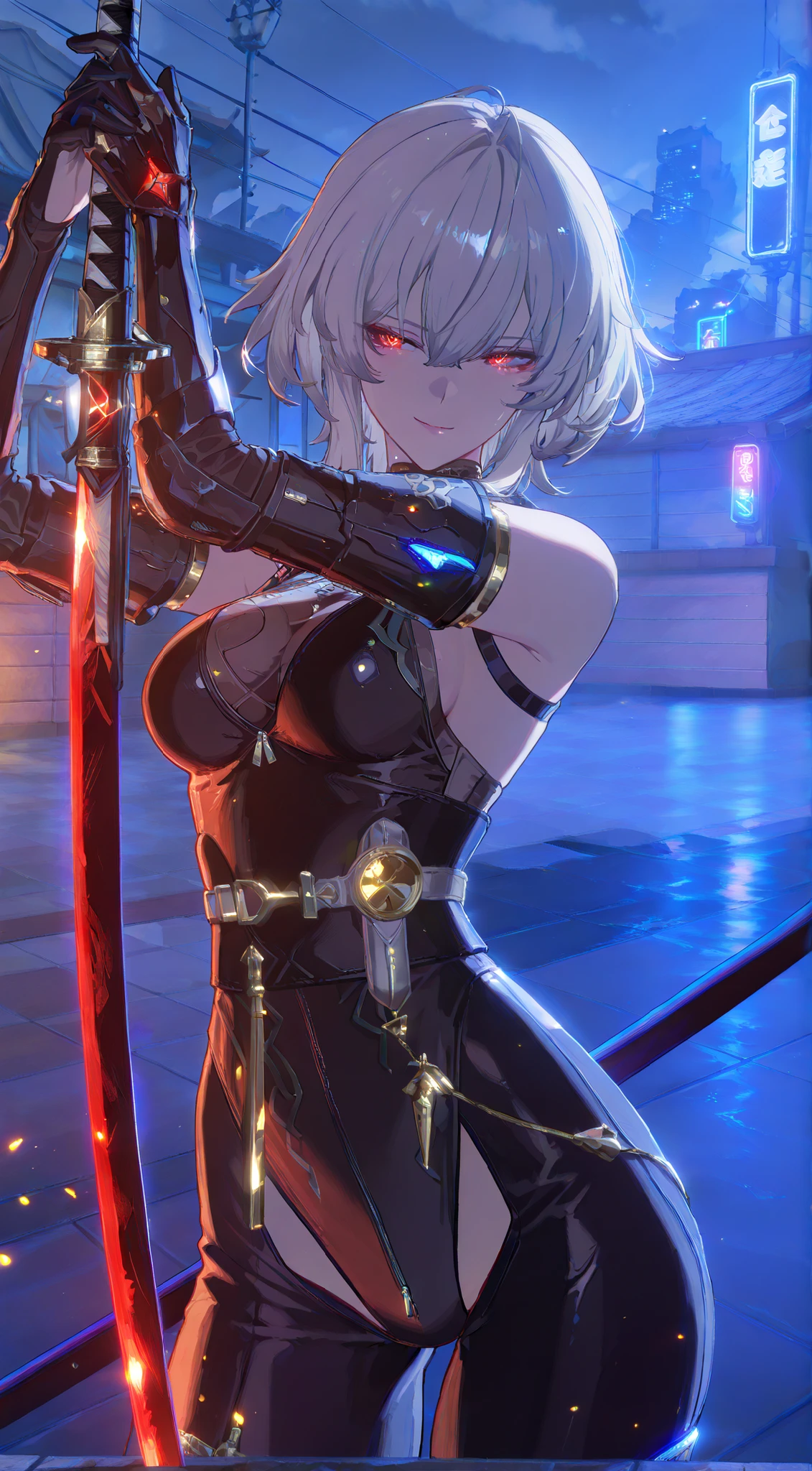 score_9, score_8_up, score_7_up, score_6_up, score_5_up, score_4_up, 1girl, solo, seductive expression,(masterpiece)), Highest quality, Very detailed,(One Girl), master piece, best quality, score_9, score_8_up, score_7_up, score_6_up, score_5_up, score_4_up, masterpiece, best quality, very aesthetic, absurdres, Score_9, Score_8_up, Score_7_up, Score_6_up, Score_5_up, Score_4_up, Source_anime, Tag1, Tag2, Best quality, High quality, Detailed, High resolution, 8k, Ultra highres, Soft saturation, Professional quality, Perfect contrast, Perfect lighting, Anatomically correct, Sensual woman, young female, seductive BREAK Face focus, detailed face focus. Sexy Idol Girl, white skin, Good style, dynamic and sexy pose. Create an image of a futuristic cybernetic warrior perched on a rooftop in a rainy, urban setting. The character has long, silver hair and glowing red eyes, wearing sleek, black armor with intricate designs. They hold a katana with a glowing red blade, ready for action. The city skyline is visible in the background, illuminated by neon lights and shadows created by the rain, adding a moody, dramatic atmosphere