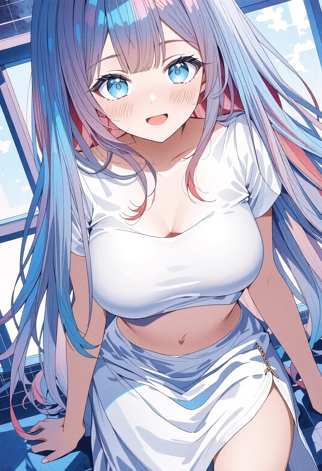 A super beautiful girl,long white hair,Light blue camisole vest,The top is soaked,Cover your chest with your right hand,blue thongs,The bust is 36F,Cool feeling,Korean style,full bodyesbian,Low saturation colors,Look into perspective,In the background is a bus stop