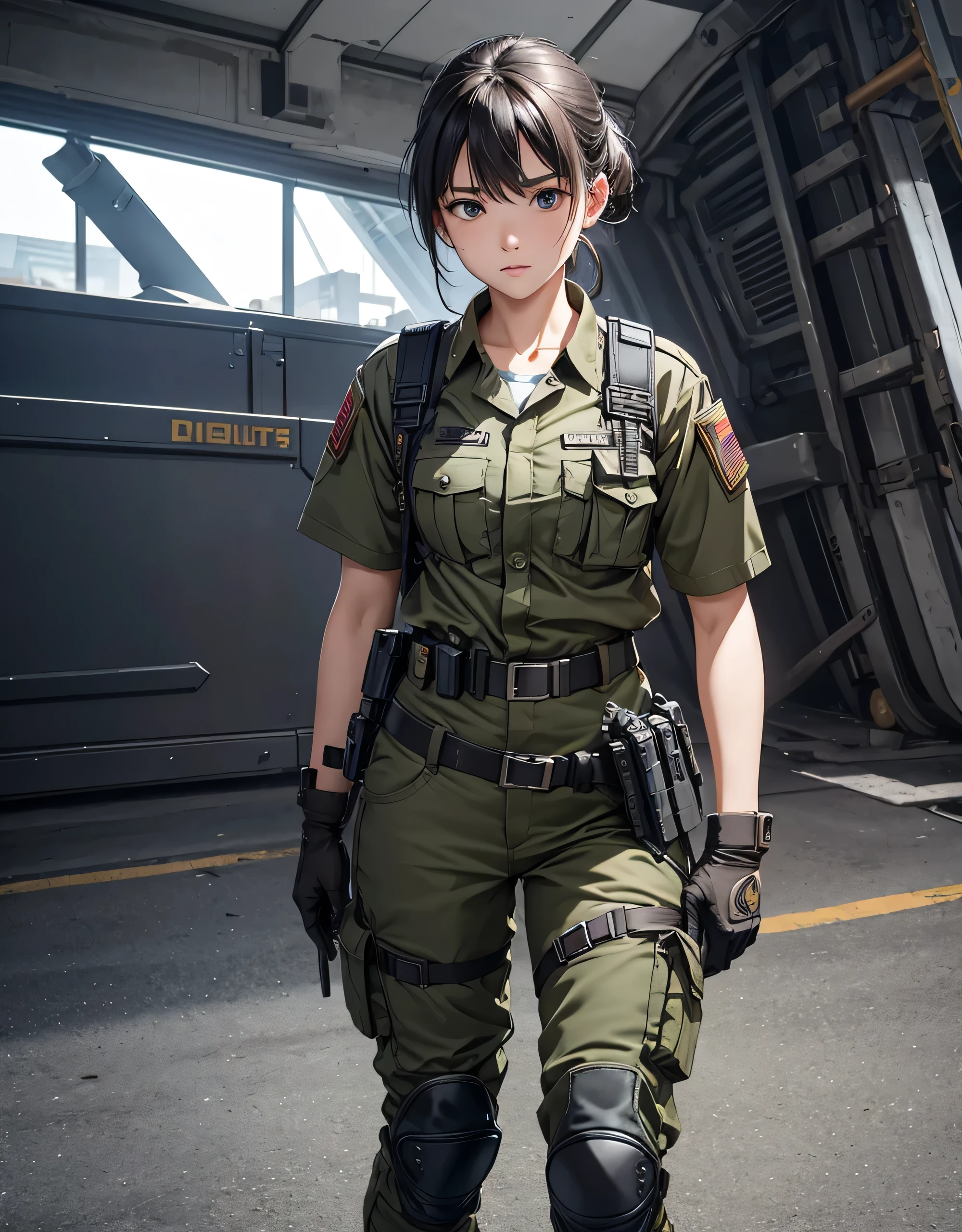 araffe in a military uniform sitting on a bench, mechanized soldier girl, quiet from metal gear solid, soldier girl, wearing military outfit, infantry girl, emma watson vietnam door gunner, dieselpunk soldier girl, military outfit, soldier outfit, quiet from metal gear solid v, military girl, solo female character, army girl outfit, from metal gear