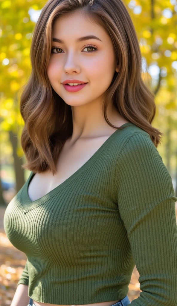 Beautiful woman, solo, big breast, looking at viewer, long sleeves,  smile, brown hair, black hair, setting up a tent at a campsite, surrounded by nature, evening light, campfire in the background, cozy and adventurous atmosphere, analog photograph, professional fashion photoshoot, hyperrealistic, masterpiece, trending on artstation,krrrsty, sexy