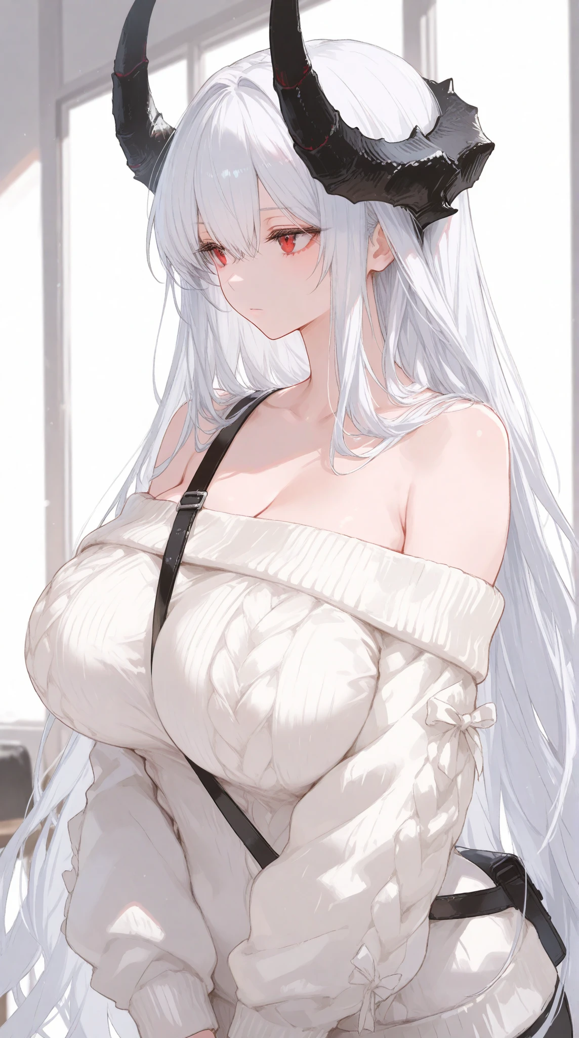 Close-up of a woman with white hair and a black scarf，a character portrait by Yang J，Pixiv competition winner，Fantasyart，white-haired god，Beautiful character painting，Guviz-style artwork，Yuki Onna's glareing gaze，Guweiz，long  white hair，Long white hair，flowing hair and long robes，Huge breast leakage