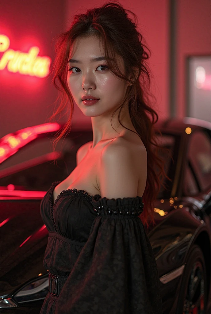 1girl,solo,long hair,Rough skin,from back,face focus,(looking at viewer:1.2),wet hair,dark,polaroid,(depth_of_field:1.5),rainy days,outdoors,street,hair between eyes,moody lighting,Tyndall effect,Cinematic Lighting,night,lamppost,lens flare,available light,rim light,glowing neon lights,curvy,Red silk dress,korea girl,