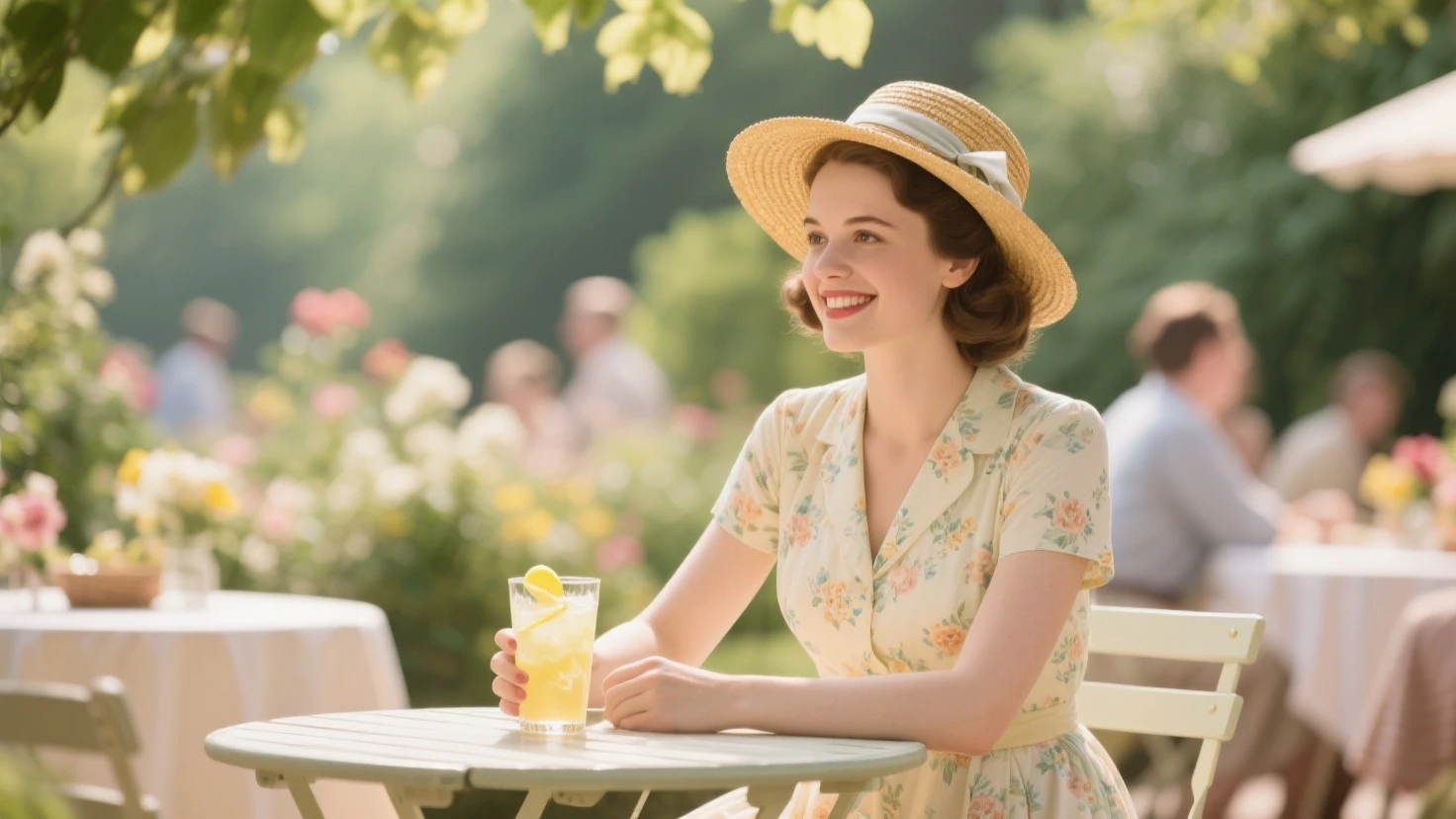 1950s English Garden Gathering (Location: Surrey): Picture a 18 year old girl with auburn hair, wearing a red micro bikini, hosting a whimsical garden tea in Surrey. The garden is filled with vintage teacups, beautiful yellow roses, elaborate hats, and the laughter of friends. Capture the idyllic scene in nostalgic color palette, adding a touch of English charm to the Surrey countryside.