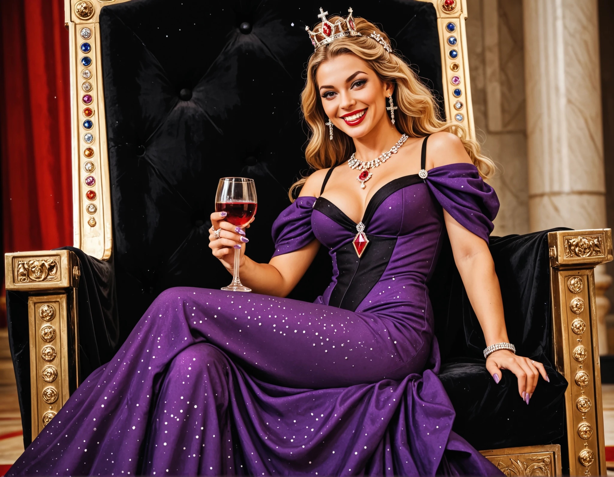 (((Best quality, 8k, Masterpiece: 1.3)), ((best quality)), ((masterpiece)), (detailed), perfect face, Queen, evil smile, Dignity, regal presence, A violet dress, a dress studded with jewels, Golden Chignon, Ruby hair ornament, sitting on a throne, sitting cross-legged, The Queen is resting her chin on her hand, her right arm on the armrest. The Queen holds a glass of brandy in her left hand, A lion is sitting at the queen's feet. This lion is protecting the queen and is threatening us with its fangs.