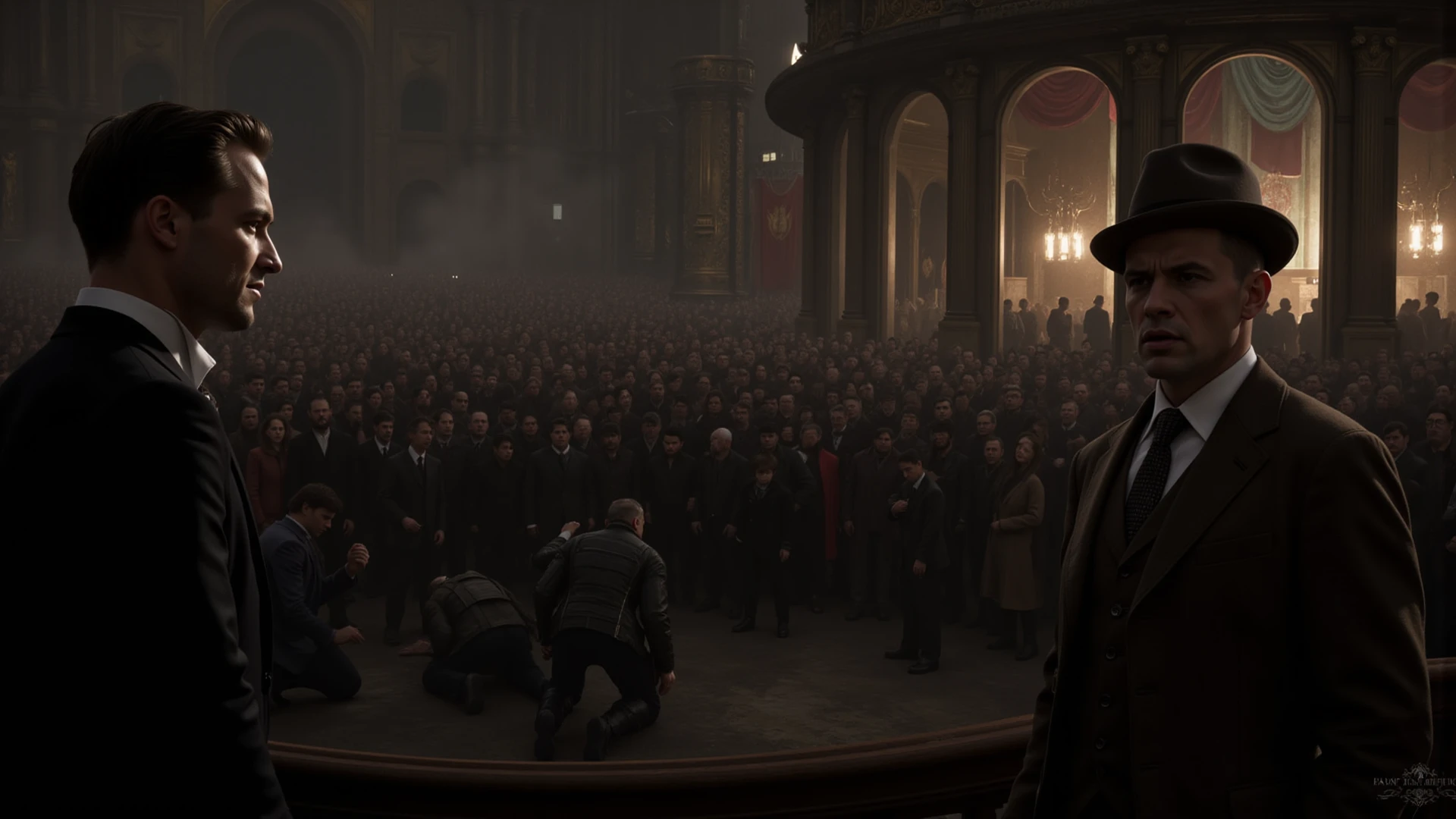 "A Commissar of the Imperium of Man stands on a dark stage, illuminated by a single spotlight. He sings passionately into a microphone, his face filled with fierce inspiration and determination. In the dimly lit foreground, a group of ordinary Imperial Guardsmen stand silently, listening in reverence, their faces partially obscured by shadows. The atmosphere is intense and solemn, with a contrast between the bright spotlight on the Commissar and the shadowy presence of the soldiers."