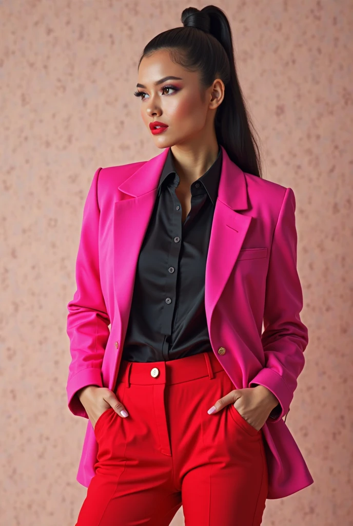 a beautiful girl sat on a royal white sofa, wera a red formal suit, from her suit's upper's her inner white shirt was show, detailed skin, realistic face,inner white shirt was looking nice suitable haire, lovely pink lips, red colored shirt.