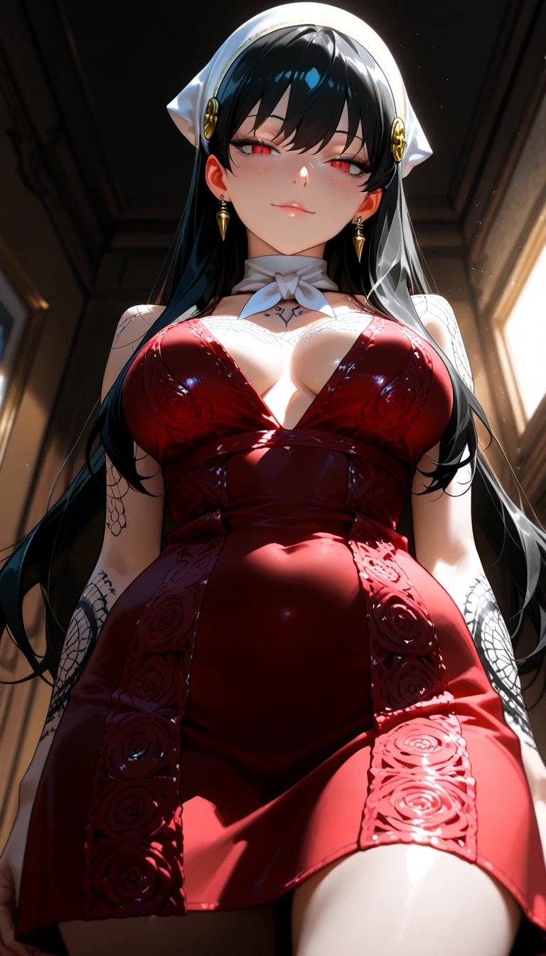 Portriat of a voluptous, gorgeous girl. She has gothic dress, red and black, with a big boobs window. The main focus on ruby jewel hanging of her neck. The Jewel is blood red, intense, symbolism that she is a Vampire, design a cool and vampiric jewel