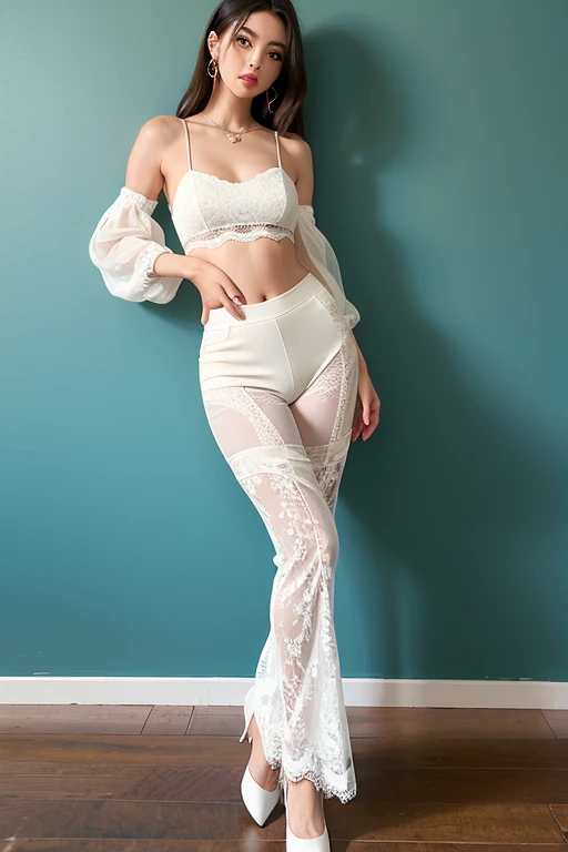 A young woman in a chic summer outfit. She is wearing an off-shoulder, white blouse and flowy, printed wide-leg pants. She has long, straight black hair and is posing in front of a trendy boutique on a lively city street. The vibe is contemporary and fashionable.