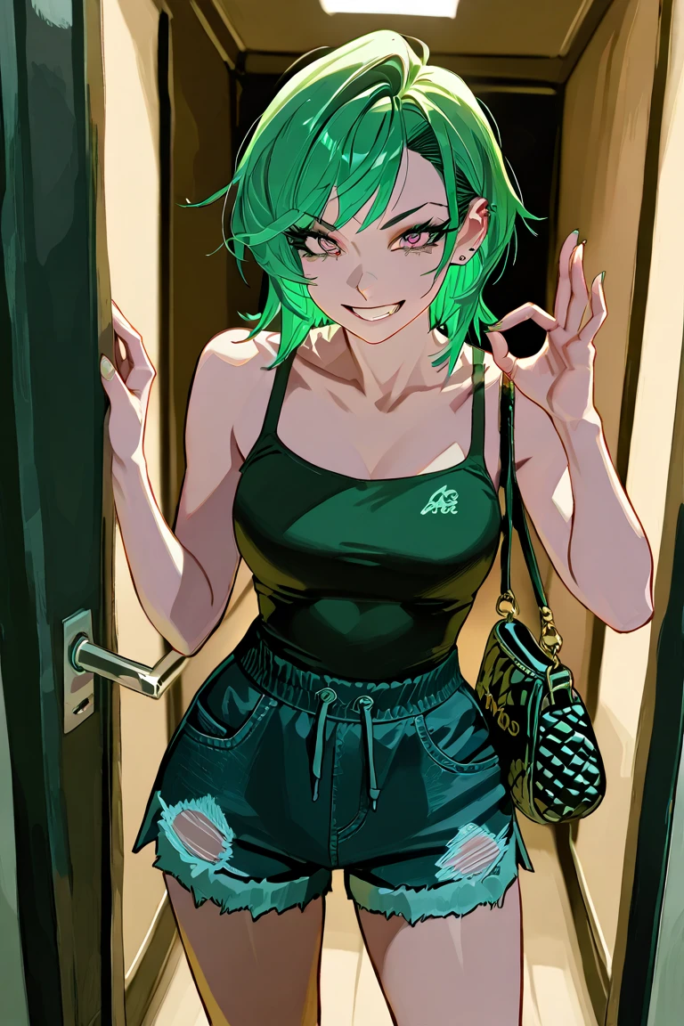 (masterpiece, Best quality:1.2), complex parts, What \(League of Legends\), 1 girl, 2 tails, green hair, crop top, thong,
