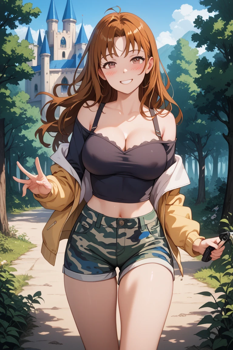A Beautiful Cute Girl, with (Lush, Long Dark-Brown Hair), (Big Beautiful Blue Eyes), Enormous Breasts, Thick Thighs, and a Very Curvy Body with a muscular Figure. She’s wearing a (Weathered Black-Leather-Jacket), a Mild Cleavage Red Shirt, (Heavily Worn, Dark-Blue Jeans), a Brown Leather Belt, and Black Fingerless Gloves. Standing In a confident pose with a soft grin. Exploring a Forest, deep in the Mountains, (((Best Quality))), ((Masterpiece)), ((Perfect Anatomy)), ((Perfectly Drawn Hands)), ((Accurately Weathered Clothes)), ((Best Resolution)), ((Highest Detail)),