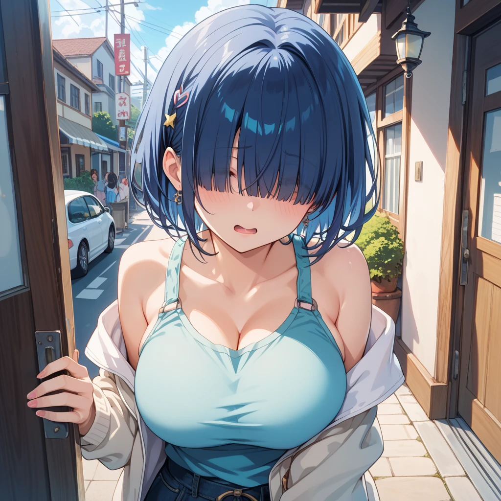 (Highest quality:1.4、8K:1.4、detailed)、F cup bust、Big Breasts、Slim body、Very white beautiful skin、((((1 person、Surprised expression、sit、Chair、In the background are the urban buildings of Tokyo、looking at the camera、Indoor cafe terrace、Navy hair color、juice、Shooting up close、table、Very cute face))))、((((nude、Areola))))、(Hands tuck hair behind ears:1.4)、Cheek resting on hand、Off-the-shoulder zip-up jacket