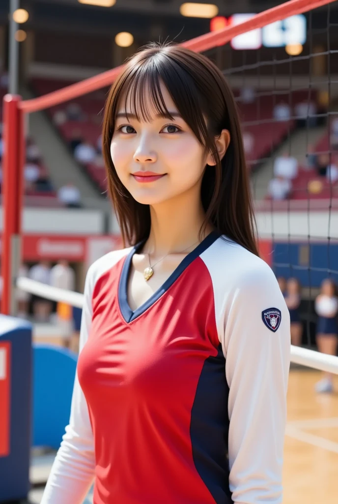 (8K、Raw photography、top-quality、​masterpiece:1.2)、(realisitic、Photorealsitic:1.37)、ultra-detailliert、超A high resolution、女の子1人、see the beholder、beautifull detailed face、A smile、Constriction、(Slim waist) :1.3)、Beautiful detailed skin、Skin Texture、Floating hair、Professional Lighting、Whole human body、Longhaire、a blond、Volleyball player uniforms、Volleyball Venues、Tight clothes、Undersized clothing、Bob Hair、Happy smile、sixteen years old、a baby face、Childish smile、Suppin、Moisturizing lips、F Cup Breasts、Navel Ejection、Split abs、Sleeveless、Bun hairstyle