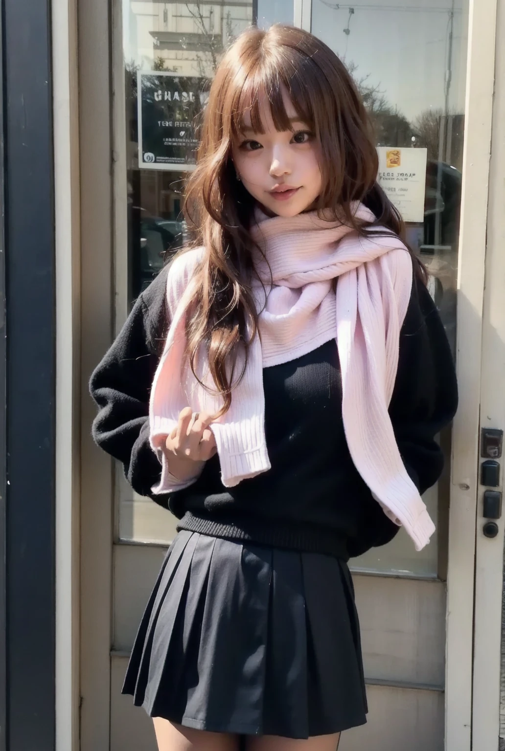 beautiful, masterpiece, Highest quality, Highly detailed face, Perfect lighting, One girl, alone, sketch, Marnie (Pokemon), Green Eyes, Asymmetrical bangs, Backpack, bag, black choker, black Jacket, Blurred, Blurred background, choker, Mouth closed, dress, From behind, indoor, Jacket, Long sleeve, View your viewers, Recall, Off the shoulder, pink dress, red bag, alone
