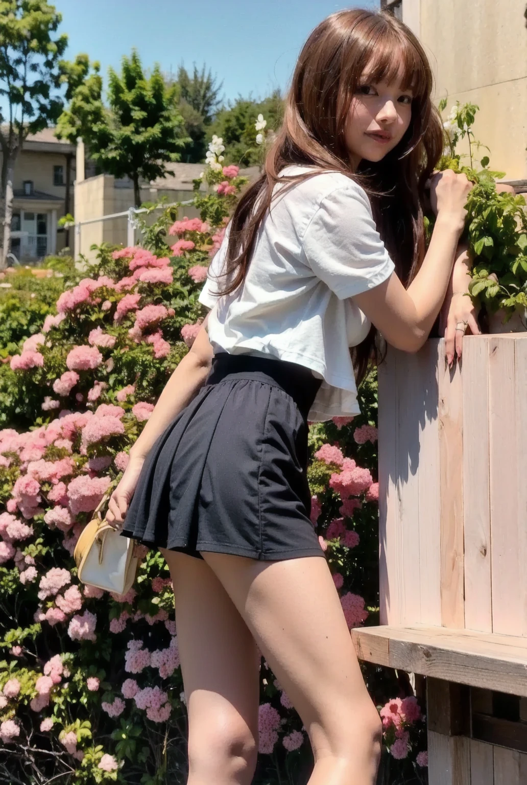Female college student、22 years old、solo、(Browsing Caution:1.3), ((masterpiece)), ((Highest quality)), (Very detailedな), ((cute)), cute, (Lovely), ((Very detailed)), 4K, (8K), Highest quality, (beautiful), hyper cute face, shape, hyper Genuineistic, Genuine, (((From below))), whole body, Between the skyscrapers, (1 Girl, cute girl:1.5), (Female college studentのファッション:1.5),(Character T-shirts、Pleated skirt)、((White panties))、sneakers、 beautiful light brown hair, beautiful brown eyes, ((beautiful eyes)), (the wind is strong, Hair is shaking, The skirt is flipped up and the underwear is visible:1.3), short hair, (((Big Breasts))), ((Device tick type))、(While wearing (Showing panties to the camera))、