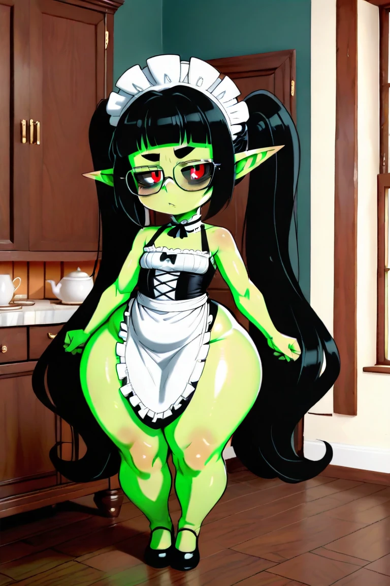 goblin girl, (long multicoloured braided hair), pink eyes,colored skin, red skin, flat chest with protruding dark and (dark areolas (embarrassed lip biting expression),ring earrings,(wearing stacked Ruby Jewel necklace),indoor modern kitchen with sunlight shining through,cowboy shot,hand on own chest,apron, small breasts, punk,g techwear, plump thighs,wearing fishnet stockings, tattoos on chest and legs,