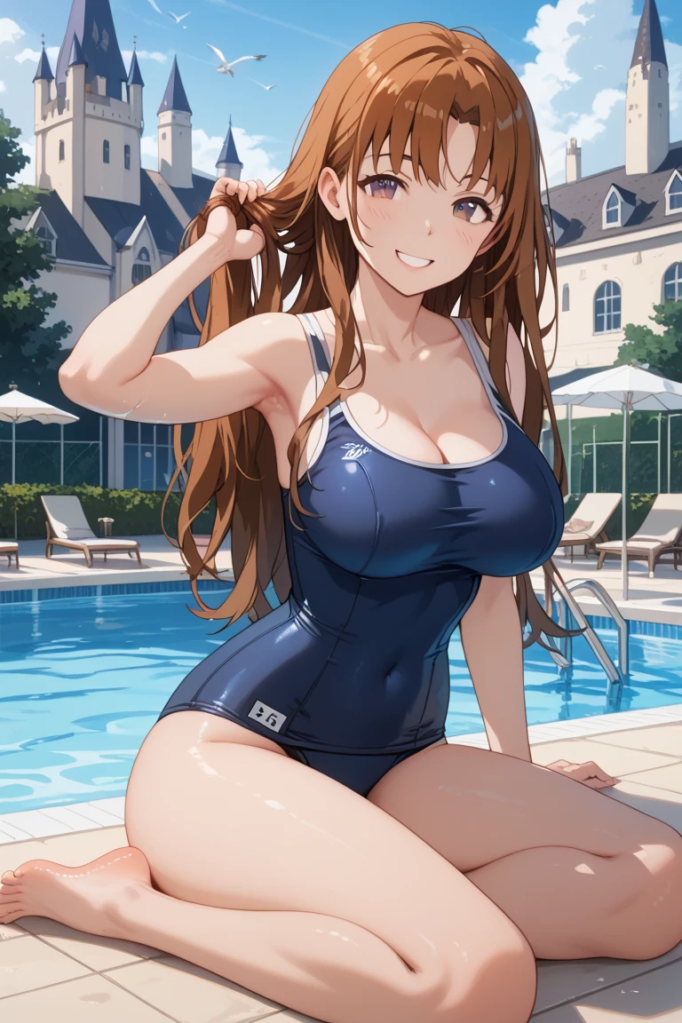top-quality、Full limbs、complete fingers、There are many women in competitive swimsuits、Beautiful Large Breasts、Brown-haired woman、straight haired、Woman with waist-length hair、Woman in blue and red competitive swimsuit、Brown pantyhose、On the bus、A big smile、Naughty Poses