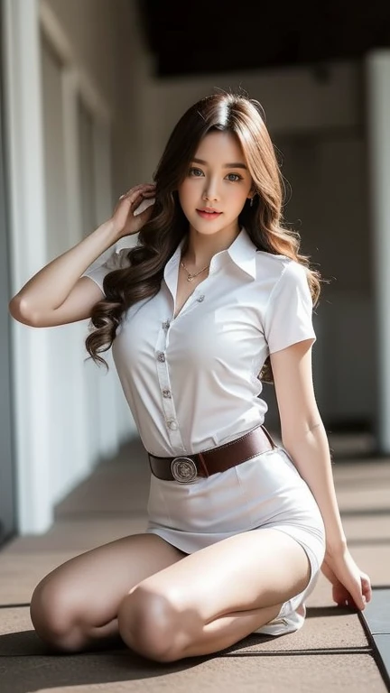 (High resolution 8K, Masterpiece, best quality. Just one complicated detail, chromatic aberration.) As a matter of fact ((chest)) hair in one eye, purple eyes, big round hoop earrings, sharp eyes, Diamond choker, red gemstone necklace. , (symmetrical eyes), (Perfect symmetrical body),(Photo of a beautiful 21 year old girl), Beautiful and charming illustrations of contemporary fashion through the eyes of the viewer.. ((Behind the scenes of a large classroom)) , (black short skirt), (((Wear a white short-sleeved shirt., Unbutton completely., bare-chested, no bra.), (openly), (Whole body wet and drenched.: 1.45)), (Smooth stomach))), ((white panties), (leather belt, long square belt buckle) ((Put your hands down.)) (golden bob, side bangs, golden hair (There is a thin layer of hair covering the face..)), sharp eyeliner, Blush eyeshadow with thick eyelashes, Curly black eyelashes, Very delicate and beautiful, Thin mouth, red lips, (red makeup : 1.18), round chin, Sharp focus, luxurious, Open your legs on the study table.. Turn your head with your legs open so they are at eye level.. Open your legs and lift your right leg over your left leg.. Keep your legs at natural eye level.. Keep your legs slightly apart in a dynamic pose..