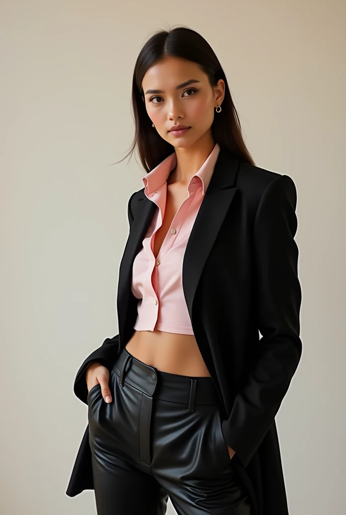 A girl is sitting on a chair. The girl is wearing a suit and jeans. She is wearing round glasses. Her height is 5 feet 4 inches. She is wearing golden earrings. She has light pink lipstick on her lips. Her body color is white. The room is colored blue.
