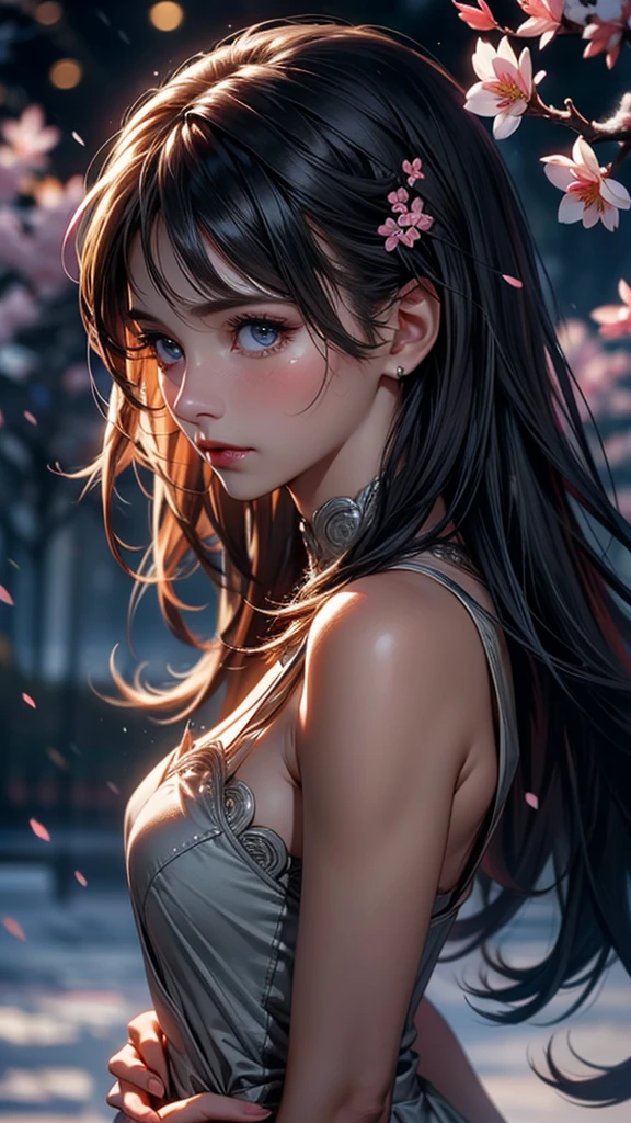 super high quality, 8k, RAW photo, realistic, beautiful woman's beautiful back, sparkling hair blowing in the wind, large breasts visible from the side, sharp eyes, and an artistic and fantastical beautiful background, professional flare lighting