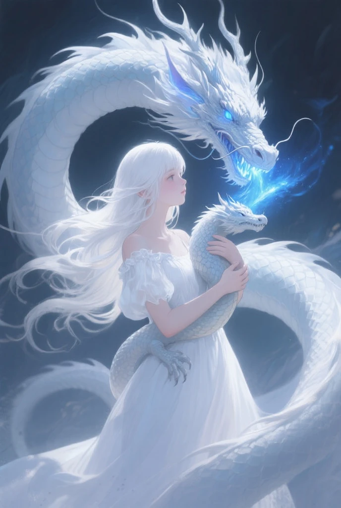 Silver-haired girl in a magical robe,sexy,Dragon Horn,skirt,Hold the hand holding the card forward, A white dragon in armor emerges from the card, emitting a magical light.,