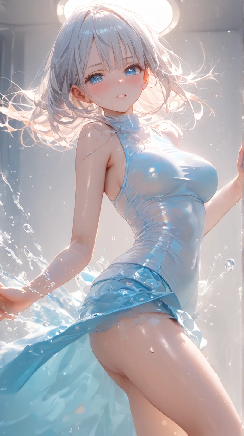 (masterpiece, best quality:1.5), (ultra detailed, high resolution, 8k, beautiful detailed, UHD, best anatomy), white hair, small breasts, 1girl, barefoot, glass art, glass, Beautiful gradation, wondrous, break glass