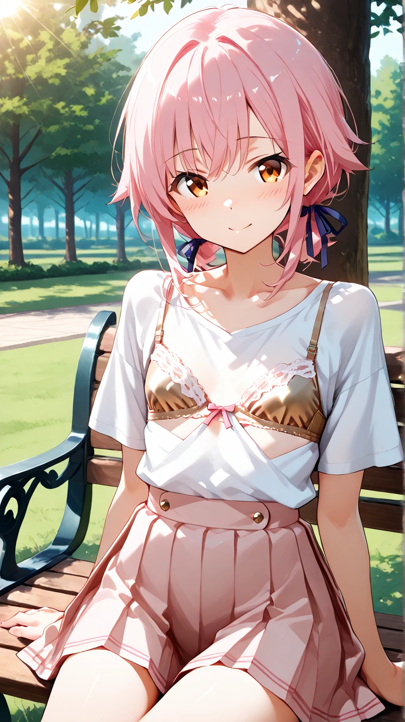 (masterpiece), Going out,cherry blossoms, Outdoor, One girl, Off-the-shoulder serafuku, Medium Hair, Pink Hair, smile, Medium chest, Her belly button is visible,Particles of light, Speckled sunlight