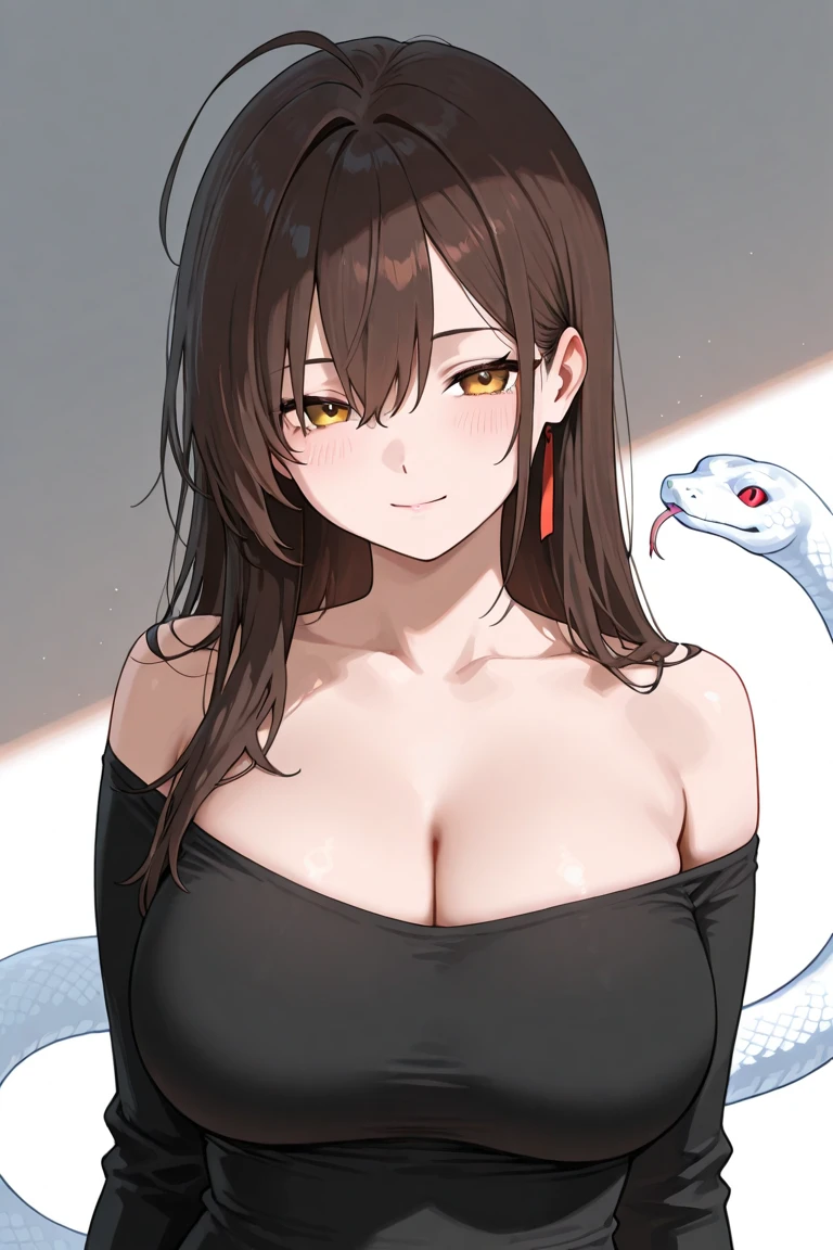 Fine and smooth hair，Neat but loose bangs，Beautiful woman puts black python on her body，smooth snake，(Python clings to skin:1.15)，(Petting a python:0.9)，Upper Body，(Wearing only an off-shoulder kimono:1.05)，Smile，Beautiful lips，Close your eyes，Hollywood special effects，masterpiece，European beauties under soft light effect，(Cleavage:0.9)，HD Wallpapers，Background blur，Japanese Alley Background，There are bamboos and forests in the distance，dark feeling，Gray sky