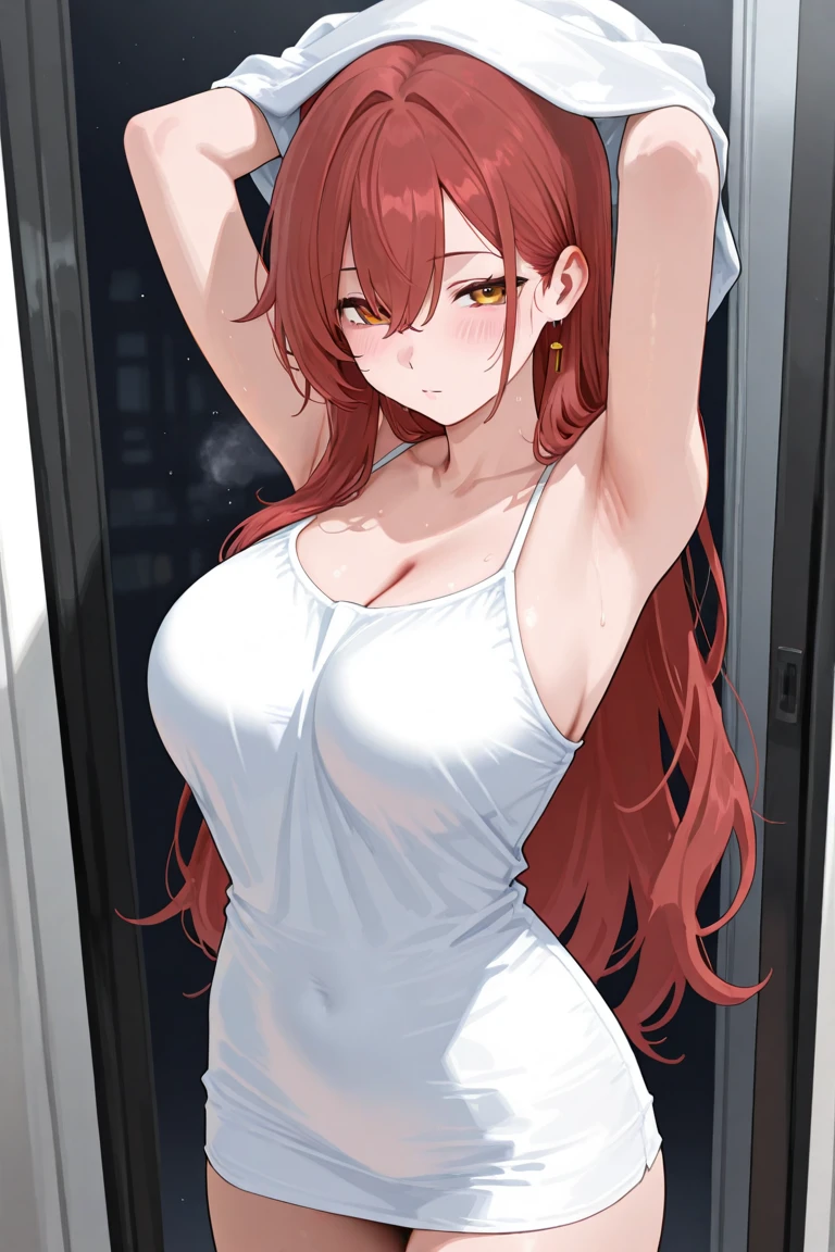 Optimal,masterpiece,High resolution,Highest quality,Hyper HD,Very detailed,Award-winning,16K,alone,(Upper Body),Correct Anatomy,Beautiful Cyberpunk Girl,Cowboy Shot、Cute Face,,Red Hair、Long Hair、Braiding, Hairline,((Scarlet Eyes)),Long eyelashes,Drooping eye corners,White skin,Shoot from the side, ((See-through camisole:1.5)), rocket , (Because I'thin),