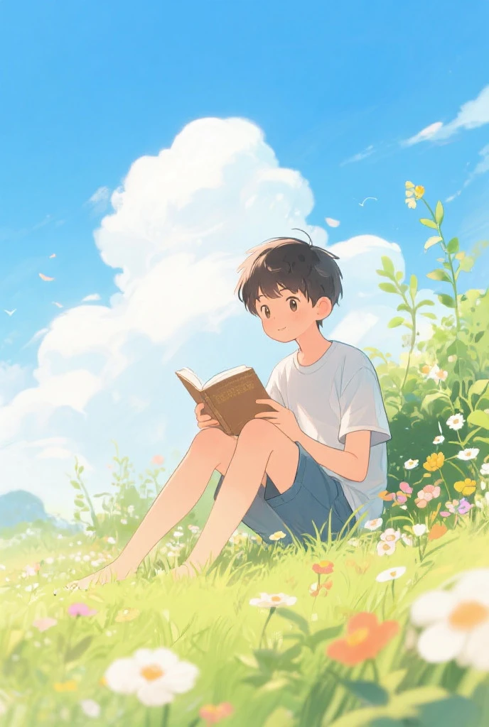 an anime picture of a kid lying on the grass lawn reading a book, with a cat next to him. Blue sky in the background, large trees all around. A flock of birds on the trees.