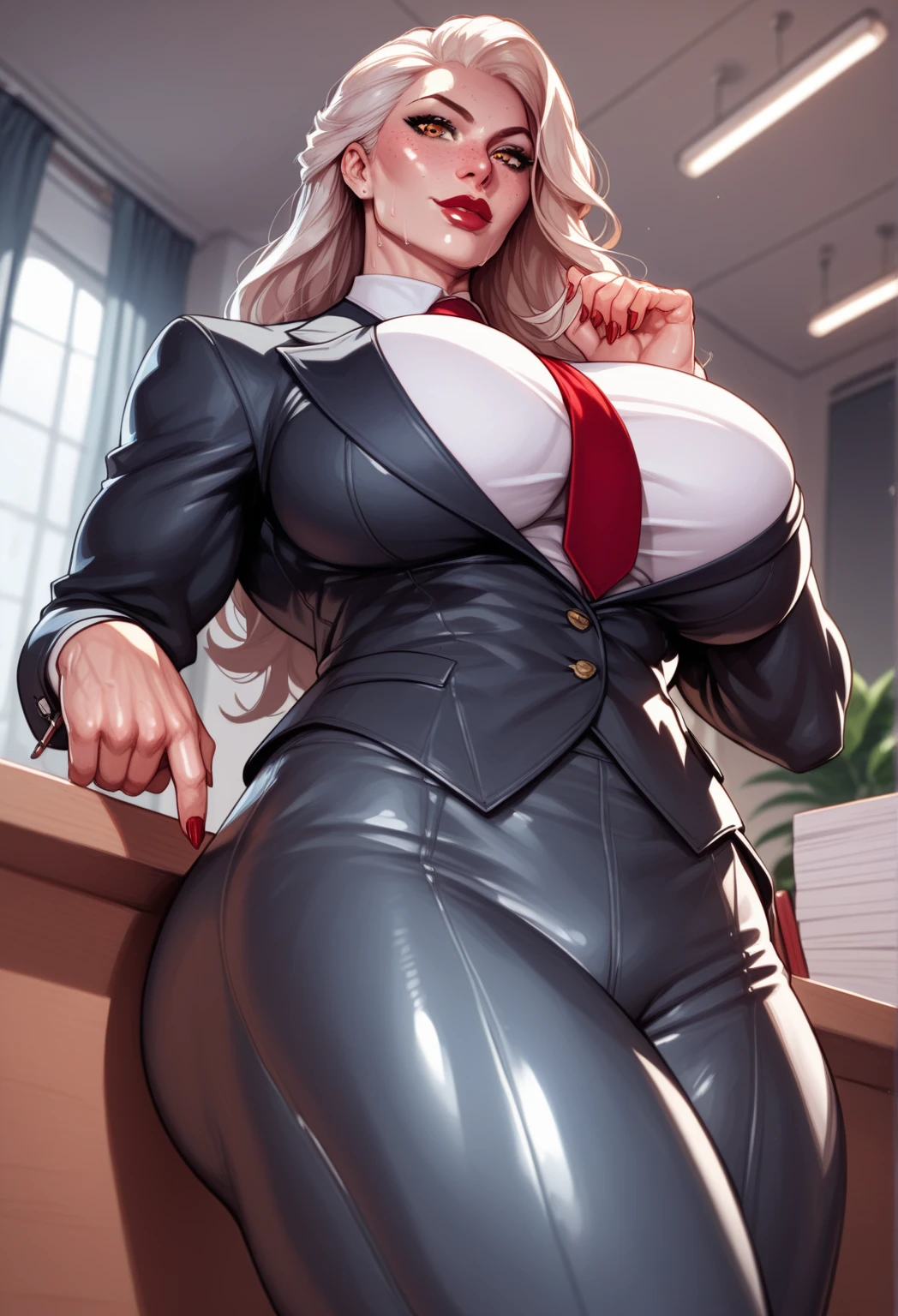 mature female, mom, milf, 40 year old woman, demon, ((red skin)), demon horns, devil tail, elf ears, white hair, messy hair, big hair, sidelocks, amber eyes, ((red lips)), thick lips, puffy lips, smile, parted lips, makeup , eyeshadow, hourglass figure, tall, wide hips, ((thick thighs)), big ass, (huge breasts), sagging breasts, skindentation, tall, oily breasts, business suit, pencil skirt, tie, leggings, ((lace)), ((big earrings)), choker, (ring), indoors, office, window, (sexy pose), dynamic pose, hip and thigh focus, oily breasts, head tilt,