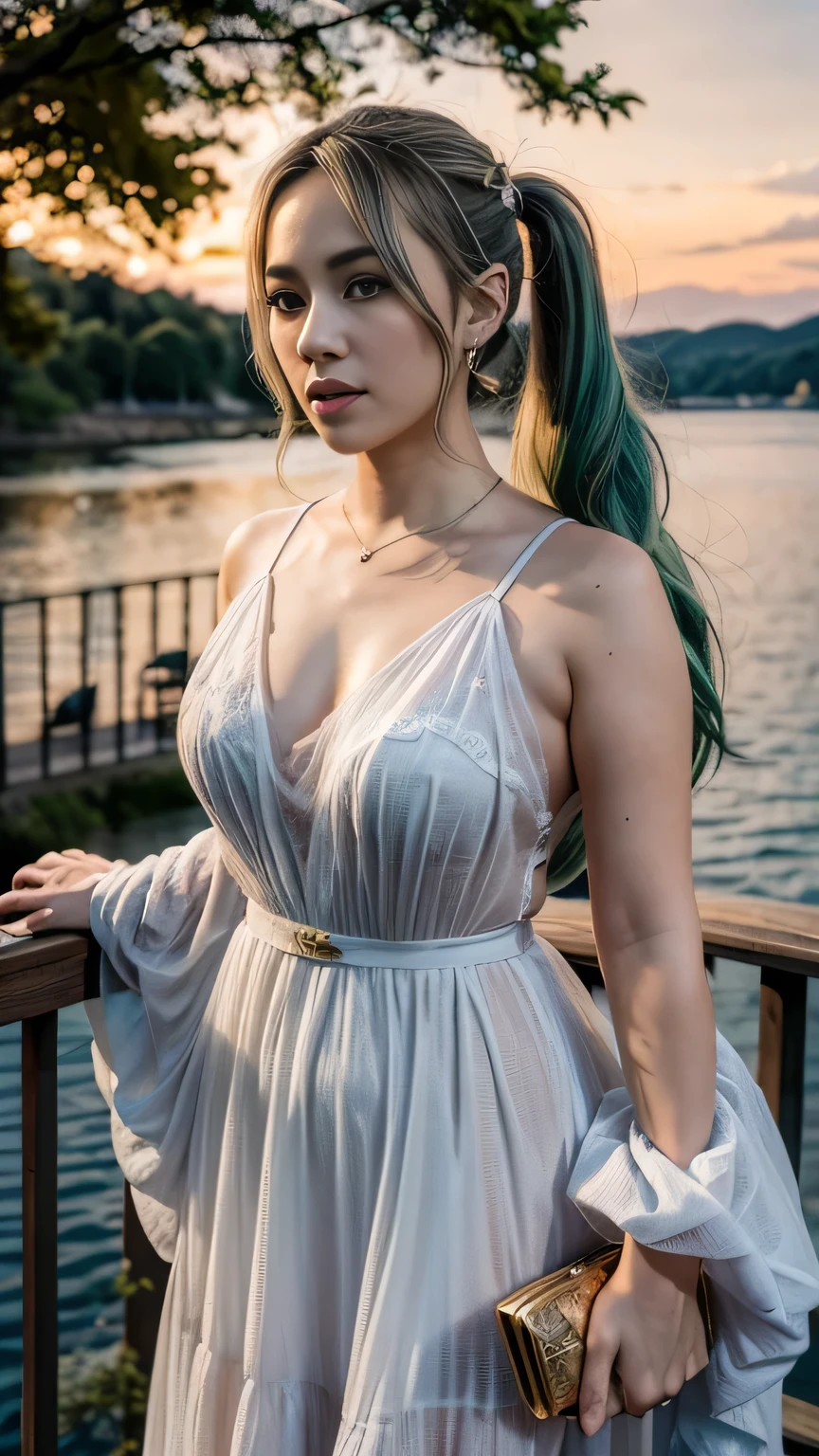 1girl, solo, hair_ornament, green_hair, twintails, long_hair, dress, water, serene_lake, picturesque_landscape, golden_sunset, intricate_floral_details, soft_lighting, ethereal_atmosphere, digital_painting, 8K, highly_detailed, photorealistic, HDR, vivid_colors, cinematic_lighting, dramatic_colors