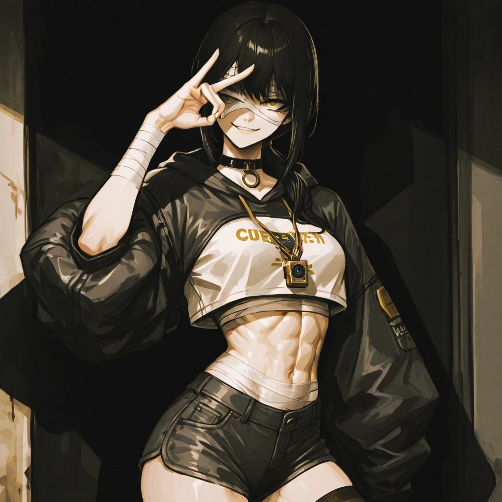 una chica punk, cabello negro, Pose sexy, cuerpo tatuado, tatuadas. bikini de cuero, chaqueta de cuero negro, Al sol, Tiempo nublado, 4k