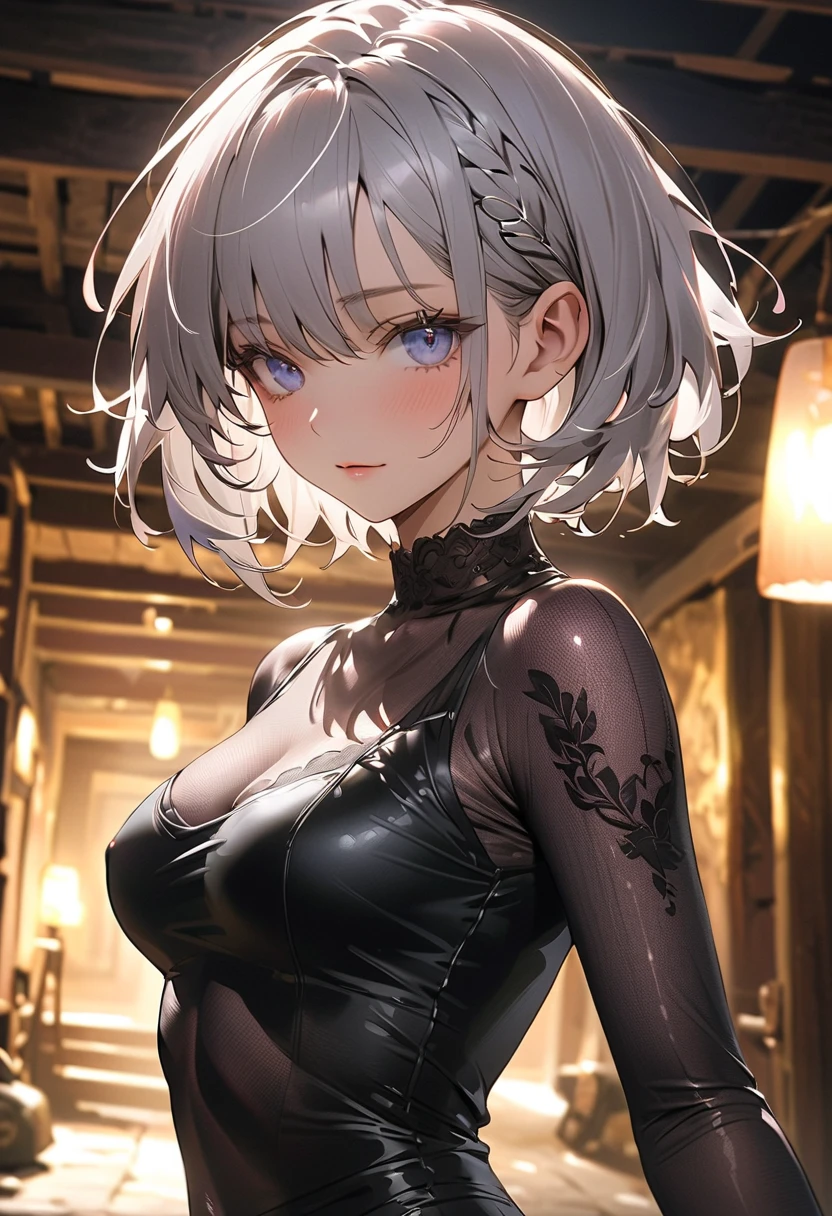 (Masterpiece, Best Quality, Photorealistic, High Resolution, 8K Raw), Smiling, Looking at Viewer, Upper Body, 1 Girl, Solo, Beautiful Young Girl, 18 Years Old, Short Hair, (White Hair, Bangs:1.3), big breasts, 2BHS, leotard, cafe background, detached sleeves, gloves, headdress, thighhighs, revealing clothes, posing, smile, Light, 2BHS