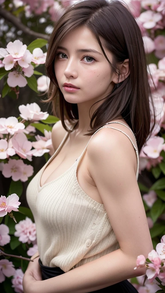 masterpiece,best quality,ultra detailed,highres,high-resolution,4k,realistic,RAW photo,((real person)),portrait photography,photorealistic,detailed skin,(delicate black eyes ), A soothing woman with sagging eyes,Calm and calm, middle hair,skinny,clothing,The wind is blowing,tareme、(gigantic breasts)、
