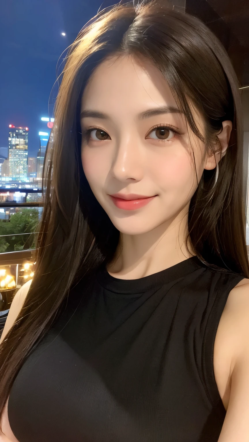 ((Best quality, 8k, Masterpiece :1.3)), Sharp focus, upper body:1.2, A pretty woman with perfect figure :1.4, Slender abs :1.1, ((cutest side braids, black hair)), (tank top, jean shorts skirt, sitting), ((rooftop, midnight:1.3)), Highly detailed face and skin texture, Detailed eyes, Double eyelid, smile, from below