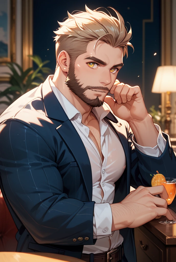 Create a man, working, drinking a glass of whiskey, black hair, white man, his luxury office, man in suit, beard made, gold watch, dark eyes, strong physique, high quality, 4K, 8K