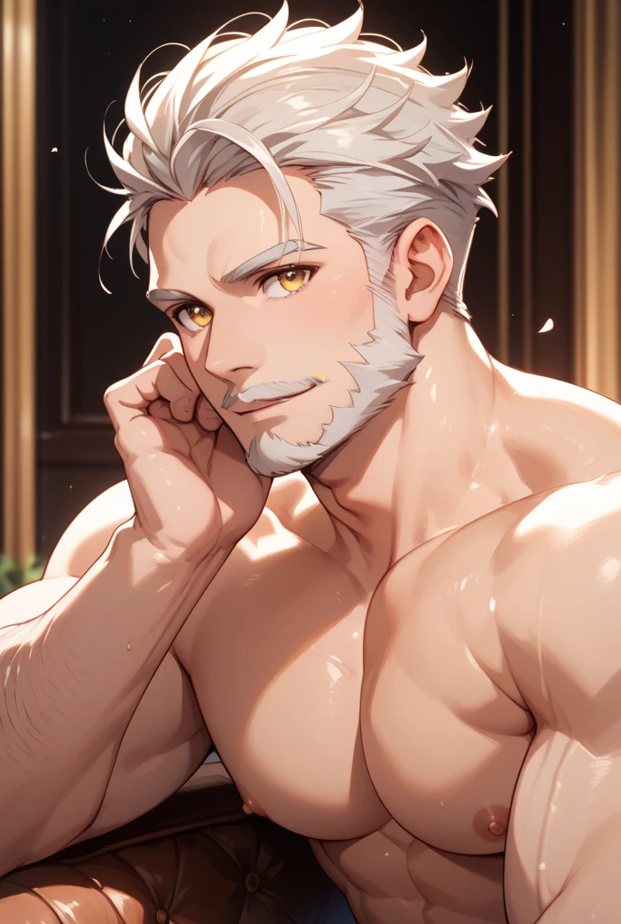 A young, tall and imposing male with short, slicked back white hair, a perfectly groomed beard, and piercing red eyes. He exudes confidence and carries himself with a sly and mysterious aura. Wearing panties and matching bra.