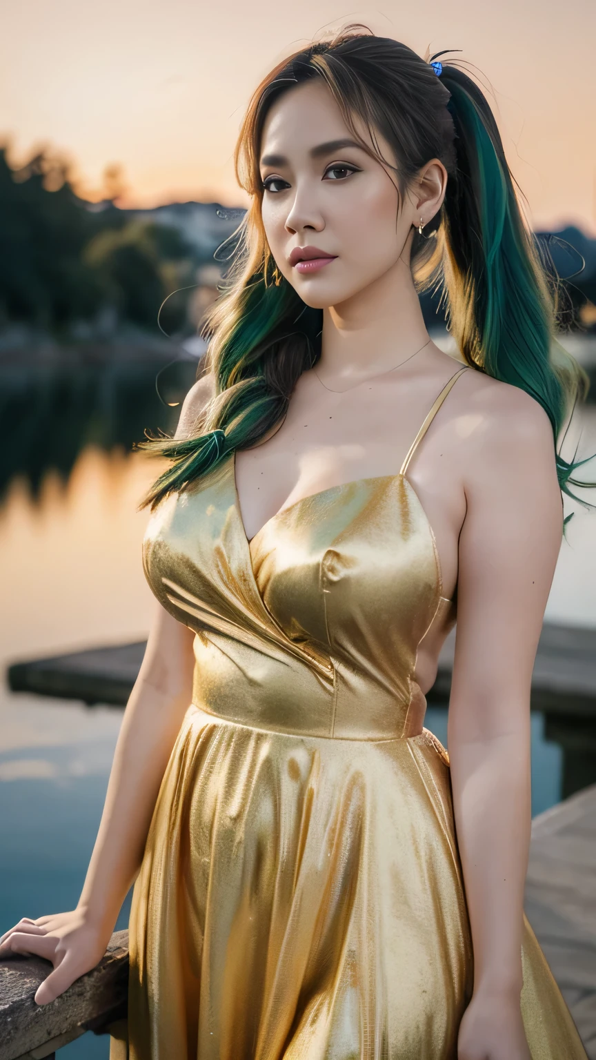 Extremely specific 4K photography of a woman with Chanel green hair, green eyes, seductive gaze and soft smile, red lipstick on her lips, golden accessories, wearing a long red dress at a forest wedding.