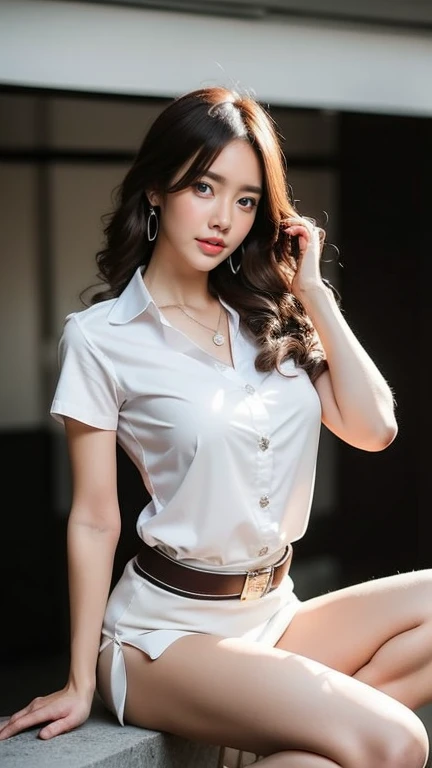 Standing and smiling , stand , (8k, best quality, masterpiece, ultra highres:1.2) Photo of Pretty thai woman beautiful, beautiful enchanting fashion contemporary painting with , (1girl), (white shirt short sleeves), ((black pencil skirt)), belt , , blonde hair, , realistic skin texture , round chin, 85 mm art lens, f 1. 2, sharp focus, 8 k high definition, insanely detailed, intricate, elegant, large breasts, big breasts , black skirt ,