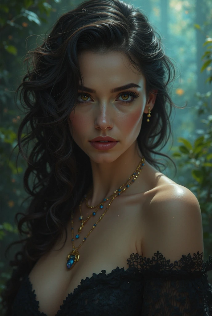 A full figure portrait, beautiful woman yennefer of lust decolletage, long hair, nude, thron, enchanted aura, ray tracing, subsurface scattering, bokeh, gorgeous fantasy scenery, bright day, Painting by Harrison Fisher and WLOP, Artgerm, Alan Lee, expressive eyes, filigrees, (Carne Griffiths 0.6), (Sienkiewicz 0.4) cinematic lighting, highly detailed full body face and clothing. vibrant, wonderful, very stylish, glamorous, appealing, classy, majestic, stunningly beautiful
