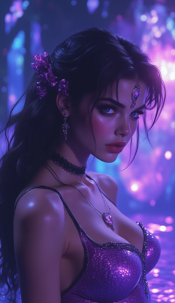 (((ultra realistic))) Photo, masterpiece, top quality, (pale skin), (Ultra detailed face and eyes:1.3), 1 girl, Adult, face portrait of pretty D&D female tiefling sorceress. She has blueish skin, long black curly hair, black eyeliner and eyeshadows, burgundy lipstick, amber eyes, surrounded by stars.in a (very tight) push up bra magical armor, ((Eye makeup, pink mascara)), ((fake detailed lips)), ((Teal wavy hair)), ((Stylish hairstyle)) , ({Gigantic|Big|Huge|Mega|Fake}breasts), (Slim waist). huge cleavage, , focus on humongous cleavage, (Soft) Lighting, (The play of light and shadows), depth of field, bokeh, (special attention to skin detail: 1.3), Detailed oiled leather texture, sweaty skin pores, (very {sweaty|oily} skin). (Erotic atmosphere of the frame. Color range - purple, Pink, Tones), UDR, ((Film grain)), ((rays)), (Glare), ((portrait, close to breasts)) , ultra detailed, tiefling, colored skin, horns, pointy ears, blue skin