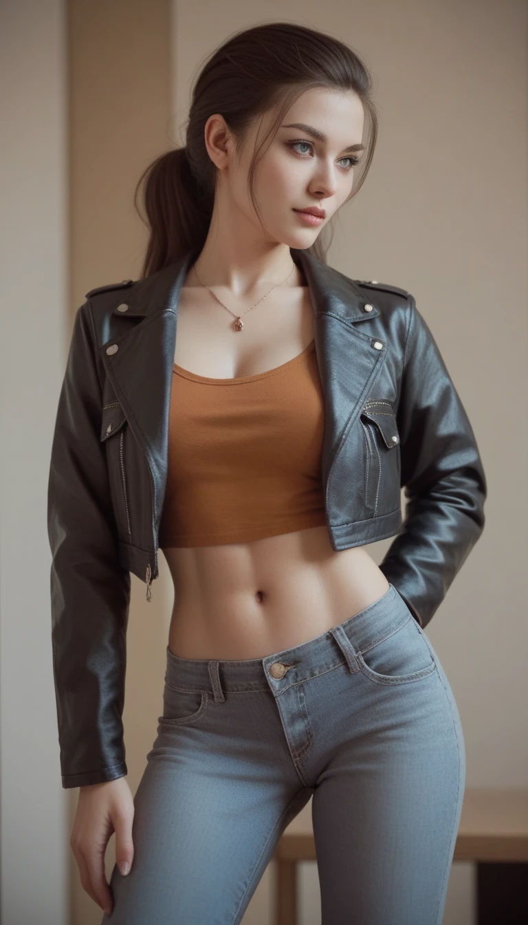 A woman wearing a white blouse and orange pants,the panorama， cropped shirt with jacket, korean women's fashion model, pale green halter top, She is seen wearing streetwear pieces, cute casual streetwear, muted cyberpunk style, her navel is exposed, wearing a sexy cropped top, photo of slim girl model, woman in streetwear, with ripped crop t - shirt, white trendy clothes，Newspaper wall background