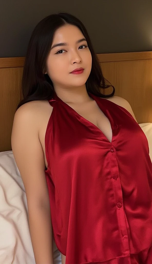 girl has short hair with a happy expression and a seductive relaxed lying on her back wearing a black red tight traditional negligee sweater, Cinematic photo, very realistic and detailed photo