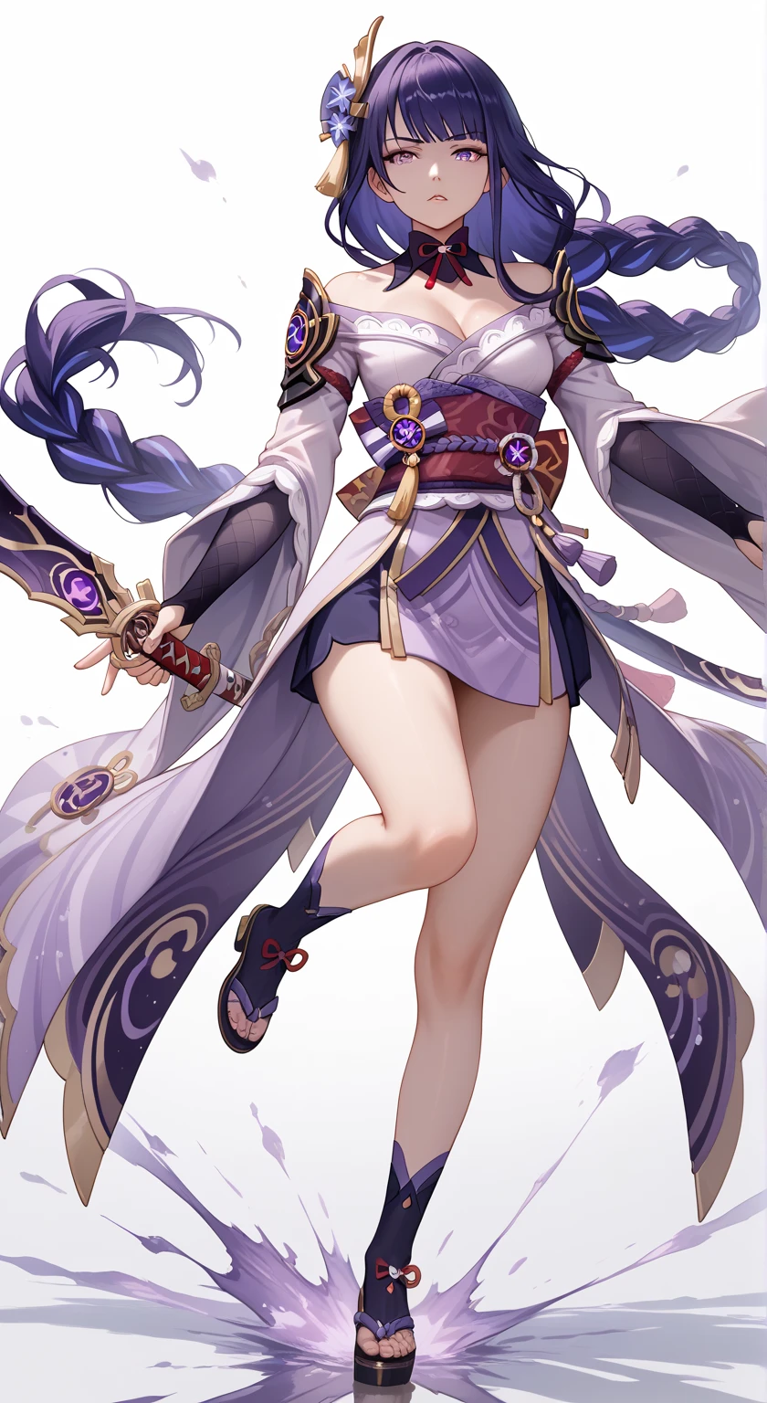 (Blind box toy style:1.2), ((Full body photo:1.5)) , 1 masterpiece, ((anatomy correct:1.4)),Best quality,,(((Raiden Shogun))) (Genshin Impact), long whitr hair,Purple braid, 1 girl solo, Slim little kimono,Purple stockings,The clothes slipped off the shoulders,Expose the upper part of the chest, dreamy glow, Clean, Purple clean background ( Global illumination, Ray traching, hdr, unreal render,reasonable design, high detal, Masterpiece, Best quality, hyper HD, Cinematic lighting)