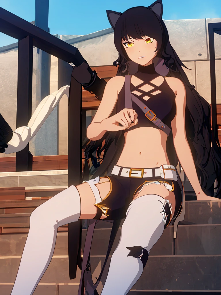 akame , (masterpiece, best quality), beautiful red eyes,shiny skin,sharp eyes,insanely detailed face,contrapposto, (very long hair))),(((solo, 1girl,))), black hair, ((medium breasts)),((cap hat black t- shirt,short jeans )),hair between eyes, ass, big eyes,full body, on streets