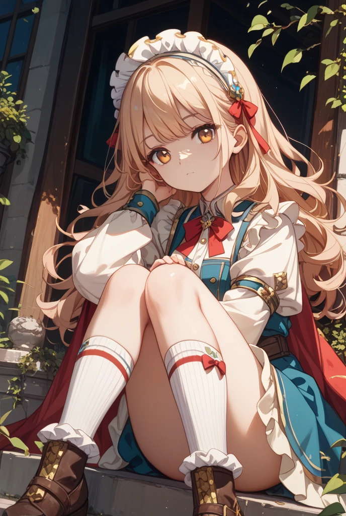 masterpiece,One girl, Sparrow, Blonde girl, Medieval European villager dressed in white, Curly medium hair, Messy Hair, Red Skirt, short red capelet with fur hood, The body is slim, Medium chest, she closed her left eye, Shirt decoration, Pie, Hair Ribbon, Captivating smile, Beautiful breasts, Round Breasts, Crimson Eyes, Pleated skirt, Checked skirt, She is the little red riding hood girl, She sits in a wheat field, Pointed Ears