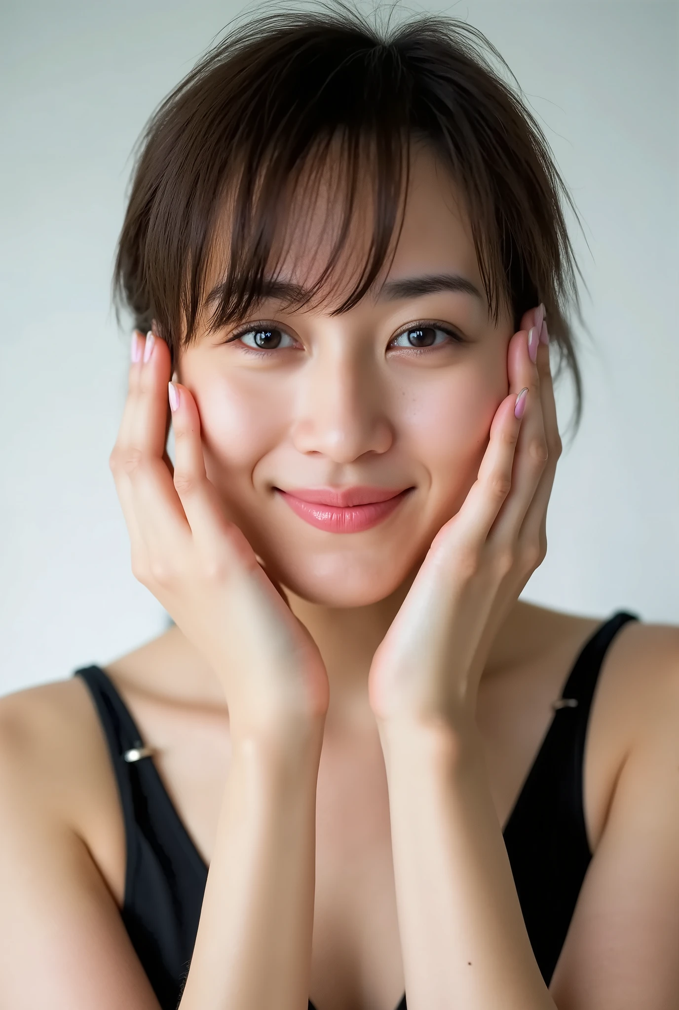 extreme close-up portrait, beautiful girl with her love-struck, radiant face filling the entire frame (95% face ratio), gently placing both open hands on her flushed cheeks with soft fingers, soft black camisole, white blurred background, eyes dreamy and half-lidded, deeply adoring gaze fixed straight at the viewer, irises ultra-detailed with intricate rainbow reflections and glowing catchlights, moist and sparkling eyes as if about to tear up from overwhelming joy, soft melting smile revealing slightly parted lips and upper teeth, skin with visible soft pores, realistic skin texture with warm lighting and subtle shadows, delicate eyelashes, glossy lips with natural highlights, cheeks glowing with deep blush, cinematic soft lighting, lifelike expression full of romantic euphoria, overflowing with happiness, warmth, and pure affection, subtly tilting her head as if whispering a name in total bliss, ultra photorealistic, masterpiece, 8K, hyperreal detail, skin pores, detailed iris texture, cinematic mood