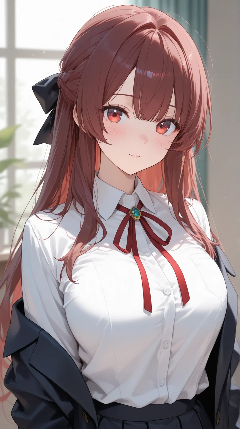 (Masterpiece, Best Quality, High Definition), Kana Arima (Oshinoko), Black Beret, (White Shirt), Red Necti, Long Sleeve, black_headwear, Solo, Shirt Big Tits Big Tits Big Tits